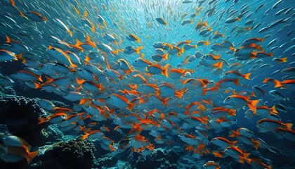 Wall Mural - Harmony of a massive school of fish swimming in unison, showcasing the beauty of synchronization and unity in marine life underwater