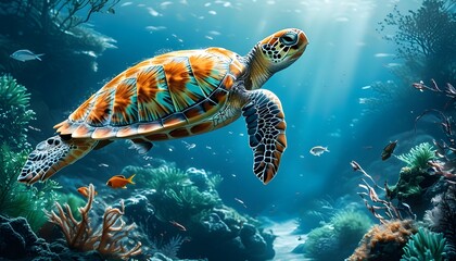 Wall Mural - Vibrant underwater scene featuring a sea turtle amid colorful fish, lush seaweed, and stunning corals in crystal-clear turquoise waters