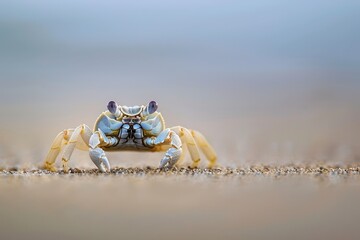 Poster - A close-up view of a tiny crab walking on a sandy beach during early morning light at a coastal location, showcasing its detailed features and natural habitat