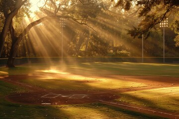 Poster - Golden hour light envelops a peaceful baseball field covered in morning mist, showcasing serene nature at sunrise with soft grass and earthy textures