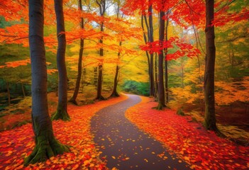 vibrant autumn leaves creating colorful canopy over serene forest path surrounded beauty, nature, colors, scenery, foliage, trees, sunlight, landscape