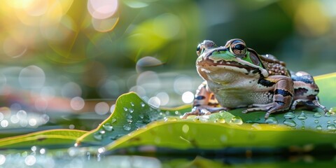 Wall Mural - A pool frog resting on a green lily pad under the sun.