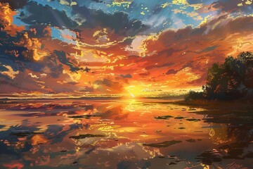 Poster - Beautiful sunset over a tranquil lake surrounded by trees, showcasing vibrant colors in the sky and reflections on the water during golden hour