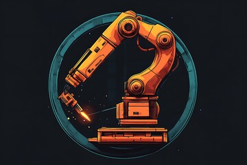 Wall Mural - Orange robotic arm with welding torch in a circle, futuristic digital art illustration