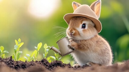 A small rabbit in a hat watering plants with a teapot, AI