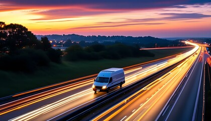 Wall Mural - Dynamic dusk highway scene with a white van amidst vibrant light trails of passing vehicles