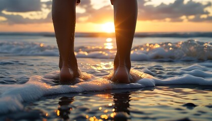 Wall Mural - Tranquil seaside moment with feet on wet sand as gentle ocean waves caress under a warm golden sunset