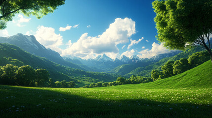 Breathtaking landscape showcasing lush greenery, majestic mountains, and a vibrant blue sky with fluffy clouds.