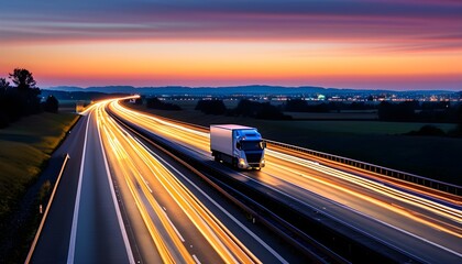 Wall Mural - Dynamic dusk highway scene with a white van amidst vibrant light trails of passing vehicles