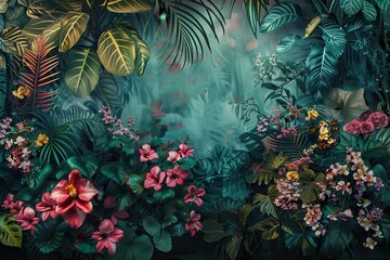 Poster - Lush tropical foliage featuring vibrant flowers and varied textures in a serene garden setting during daylight hours