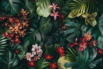 Poster - Lush tropical foliage featuring vibrant flowers and varied textures in a serene garden setting during daylight hours