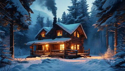 Wall Mural - Warmly lit log cabin in a snowy forest with gentle smoke rising from the chimney, creating a serene winter evening atmosphere