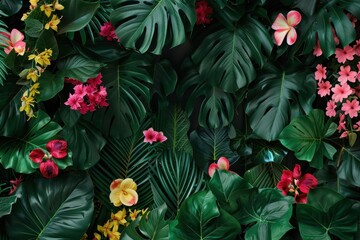 Poster - Lush tropical foliage featuring vibrant flowers and varied textures in a serene garden setting during daylight hours