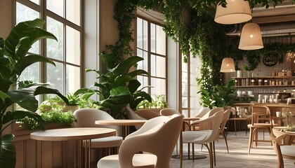 Wall Mural - Trendy cafe ambiance featuring pastel chairs, wooden accents, and vibrant green plants illuminated by gentle natural light streaming through large windows