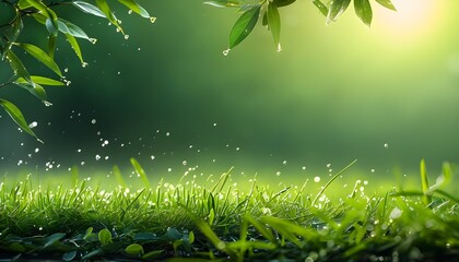 Wall Mural - Lush green meadow framed by vibrant grass and leaves, adorned with sparkling morning dew under natural light