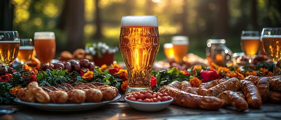 A festive outdoor gathering featuring food, beer, and decorations.