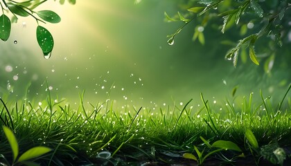 Lush green meadow framed by vibrant grass and leaves, adorned with sparkling morning dew under natural light