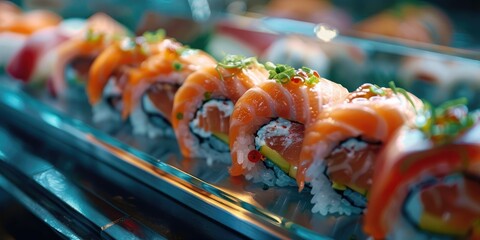 Sliced sushi roll featuring yellowtail showcased.