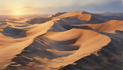 Tranquil endless desert dunes at dusk, showcasing soft shadows, delicate sand patterns, and warm watercolor tones in a serene and expansive landscape