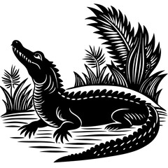 Wall Mural - Crocodile Silhouette Sunbathing by the Riverbank black Vector Art