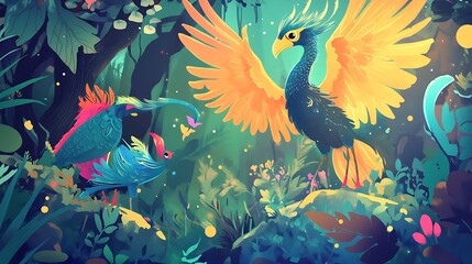 Wall Mural - Colorful Birds in a Lush Tropical Forest Setting