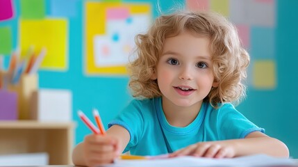 Canvas Print - A young girl sitting at a table with crayons and pencils, AI