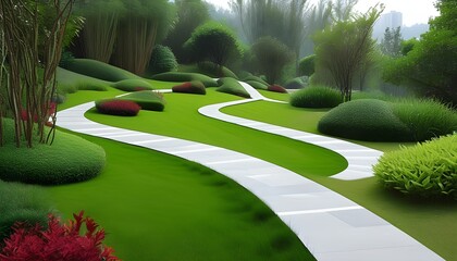 Wall Mural - Elegant lawn landscape featuring curved walkways and lush grass, showcasing innovative gardening and architectural design