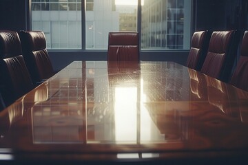 Aufkleber - A modern boardroom with a polished wooden table reflecting sunlight during a late afternoon meeting in a high-rise office building