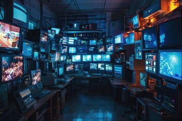 Poster - High-tech data center filled with multiple monitors displaying vibrant visualizations and analytics in a modern workspace