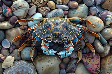 Poster - A vibrant crab among a colorful array of seashells on the sandy ocean floor, showcasing nature's marine beauty and biodiversity
