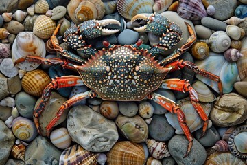 Poster - A vibrant crab among a colorful array of seashells on the sandy ocean floor, showcasing nature's marine beauty and biodiversity