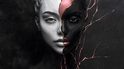 Art for Frames, Surreal Painting, Woman's Face Divided in Two, Abstract Image, Texture, Pattern Background, Wallpaper, Cover and Screen for Smartphone, PC, Laptop, 9:16 and 16:9 Format