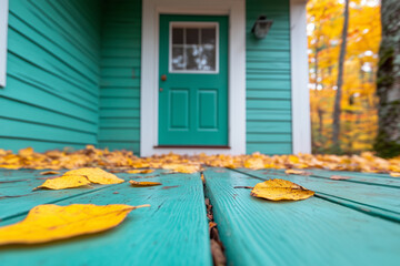 Canvas Print - bright yellow leaves scattered on teal wooden porch outside a cozy cabin in autumn sunlight