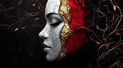 Art for Frames, Surreal Painting, Woman's Face Divided in Two, Abstract Image, Texture, Pattern Background, Wallpaper, Cover and Screen for Smartphone, PC, Laptop, 9:16 and 16:9 Format