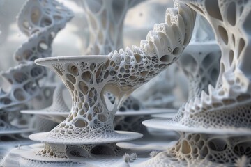 Poster - 3D printing process of intricate lattice structures in a technology lab during a bright afternoon, showcasing innovative design and engineering techniques