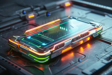 Aufkleber - A futuristic smartphone displaying vibrant holographic graphics on a dark circuit board background, showcasing advanced technology and design elements in a visually striking composition