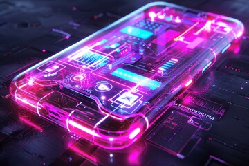 Fototapete - A futuristic smartphone displaying vibrant holographic graphics on a dark circuit board background, showcasing advanced technology and design elements in a visually striking composition