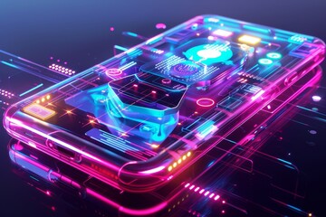 Fototapete - A futuristic smartphone displaying vibrant holographic graphics on a dark circuit board background, showcasing advanced technology and design elements in a visually striking composition