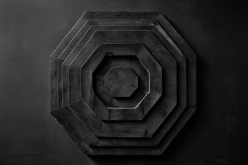 Fototapete - A close-up view of a hollow hexagonal structure revealing concentric hexagons in a modern urban setting, showcasing industrial design and geometric patterns in black and white