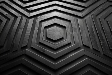Fototapete - A close-up view of a hollow hexagonal structure revealing concentric hexagons in a modern urban setting, showcasing industrial design and geometric patterns in black and white