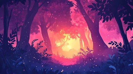 Wall Mural - A Silhouetted Forest Path Illuminated by a Glowing Pink Sky at Dusk