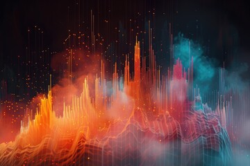 A vibrant digital landscape featuring colorful sound waves and abstract patterns in a blend of blue, orange, and red tones against a dark background