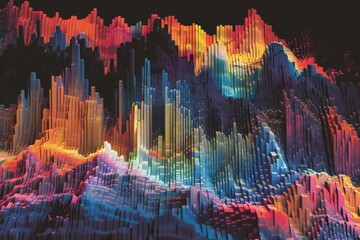 Wall Mural - A vibrant digital landscape featuring colorful sound waves and abstract patterns in a blend of blue, orange, and red tones against a dark background