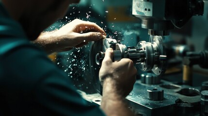 A machinist is deeply focused on operating a high-precision lathe, carefully shaping metal components as metal shavings fly around the workshop