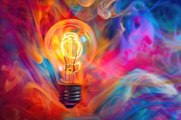 Aufkleber - A vivid swirl of colors surrounding a glowing vintage light bulb on a canvas, showcasing the harmony of art and illumination in an abstract style
