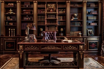 Leinwandbilder - An elegant home office featuring a wooden desk, a plush armchair, and a rich bookcase filled with books, set in a well-lit room adorned with curtains and stylish decor