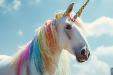 Poster - A majestic unicorn stands gracefully in a sunlit forest, showcasing its shimmering horn and colorful mane during a peaceful afternoon