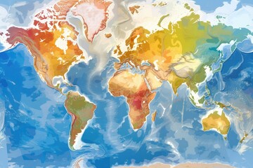 Aufkleber - A colorful world map illustrating geographical features and landscapes, with varying hues representing different terrains and climates across continents and oceans