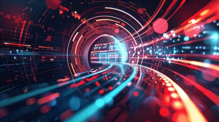 digital tunnel, futuristic light trails, abstract technology, neon colors, glowing lines, motion background, sci fi concept, vibrant energy, data visualization