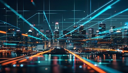 Wall Mural - Illuminated nighttime cityscape depicting connectivity and technology through glowing lines